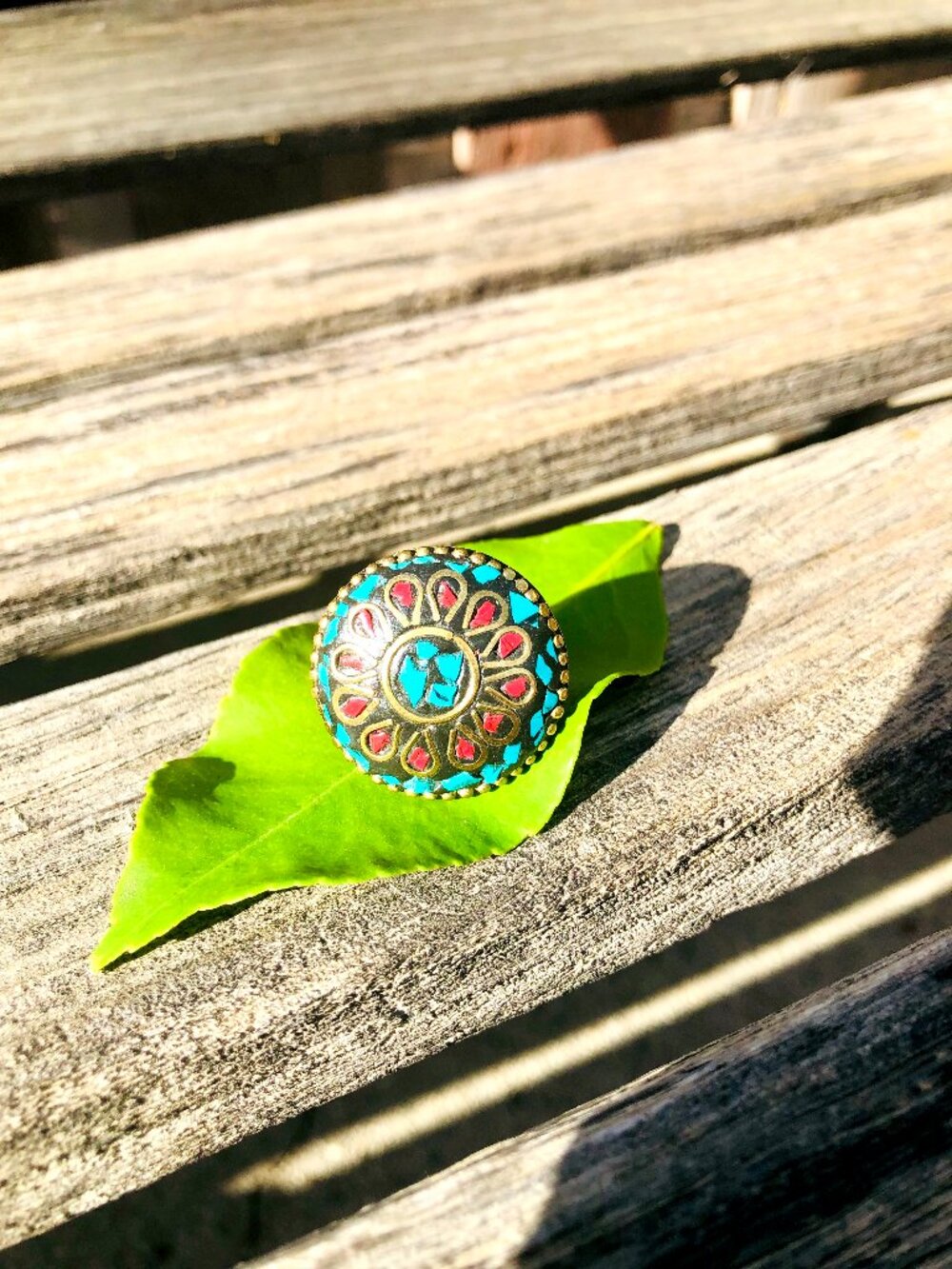 Bohemian Flower Power Ring Brass with Red and Turquoise Statement Ring Size 9.5